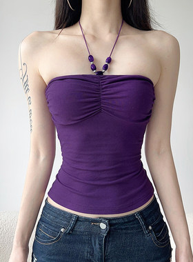 ROCKMORE【紫色格调】民族风串珠挂脖褶皱修身背心优雅韵味吊带女