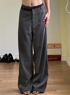 ROCKMORE【职场女妖】条纹撞色腰头显瘦休闲裤气质简约灰色西装裤