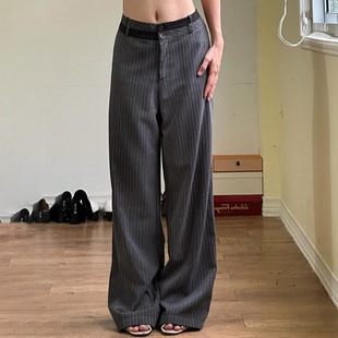 裤 ROCKMORE 气质简约灰色西装 条纹撞色腰头显瘦休闲裤 职场女妖