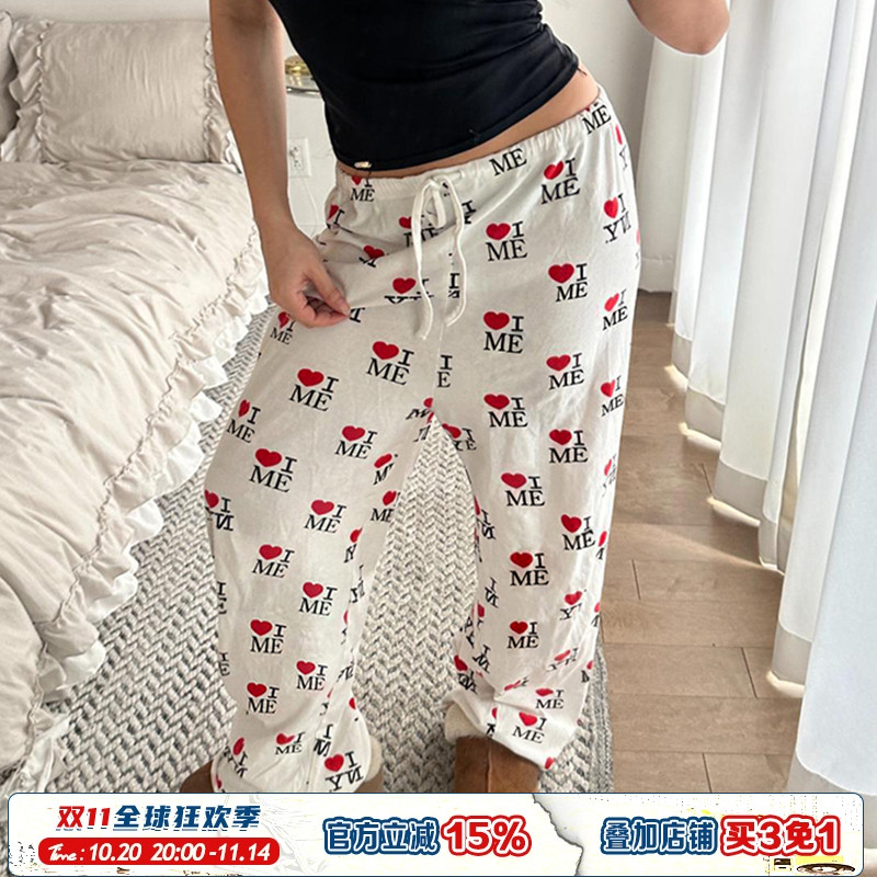 爱心印花松紧腰系带垂感休闲裤