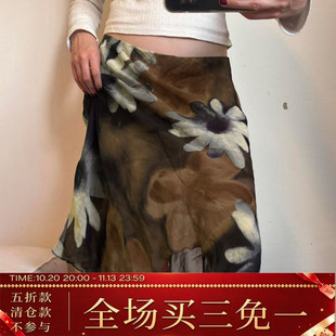 ROCKMORE【漫步花海】棕色大花卉印花不规则半身裙低腰网纱中长裙