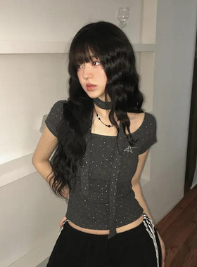 ROCKMORE【韩系氛围】bling波点烫银方领围脖T恤夏深灰色修身上衣