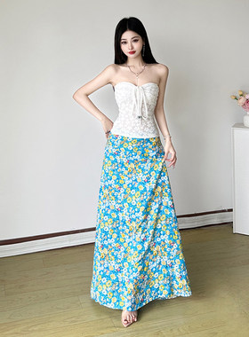 ROCKMORE【度假风】蓝色小碎花长款绑带半身裙+白色系带褶皱抹胸