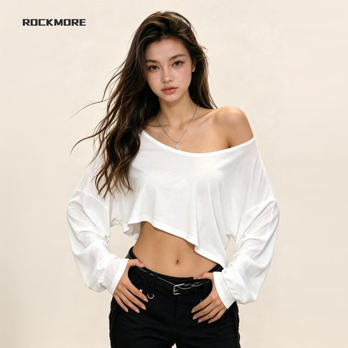 纯欲辣妹白色微透斜肩长袖T恤