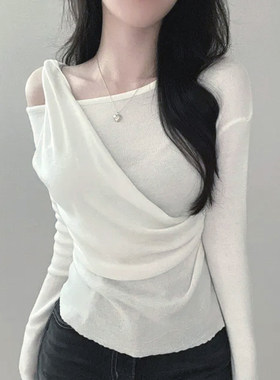 ROCKMORE【极简气质】设计感斜领不规则长袖白T恤 休闲百搭打底衫