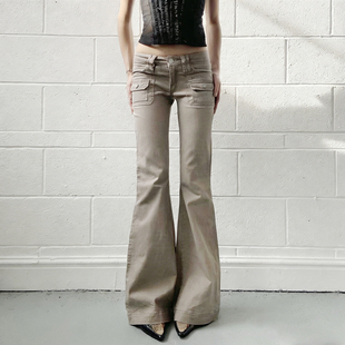 卡其色口袋元 复古 美式 低腰显瘦修身 长裤 素微喇牛仔裤 ROCKMORE