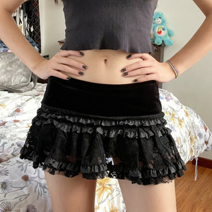ROCKMORE 辣妹风黑色蕾丝蛋糕裙女荷叶边层次感半身裙 暗黑性感