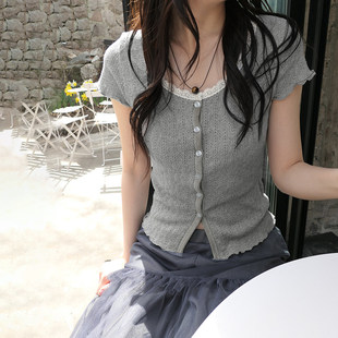 T恤 灰色蕾丝拼接排扣针织上衣镂空百搭短袖 ROCKMORE 韩系少女