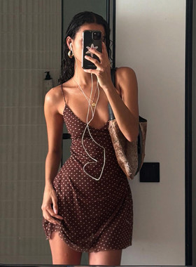 ROCKMORE【法式辣妹】棕色复古波点吊带短裙性感低胸气质连衣裙潮