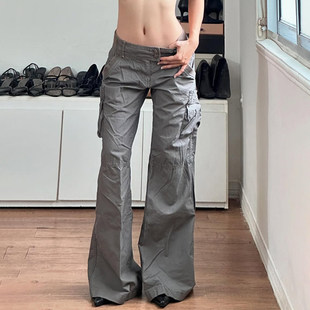 美式 裤 复古 口袋设计宽松工装 女 灰色低腰梭织休闲长裤 ROCKMORE