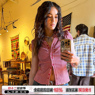 复古红色格纹基础短袖衬衫