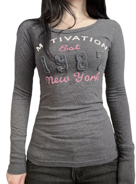 ROCKMORE【复古美式】字母贴布绣灰色休闲T恤女修身百搭长袖上衣