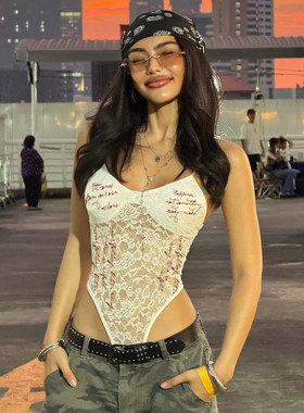 ROCKMORE【性感纯欲】白色蕾丝提花透视吊带连体衣女街头辣妹上衣