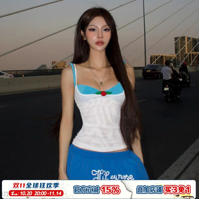 小众领口拼接撞色显瘦假两件吊带