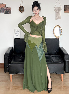 ROCKMORE【古着森系】复古绿色喇叭长袖针织开衫+性感吊带真两件