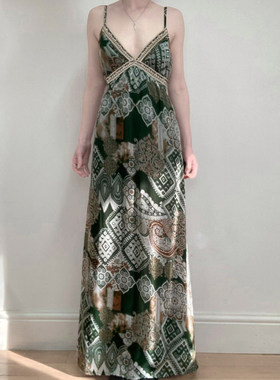 ROCKMORE【林荫古道】森系特色印花吊带连衣裙绿色蕾丝拼接度假裙