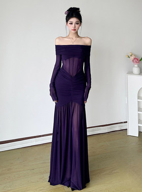 ROCKMORE【韵味佳人】紫色系鱼骨网纱微透长袖连衣裙一字肩鱼尾裙