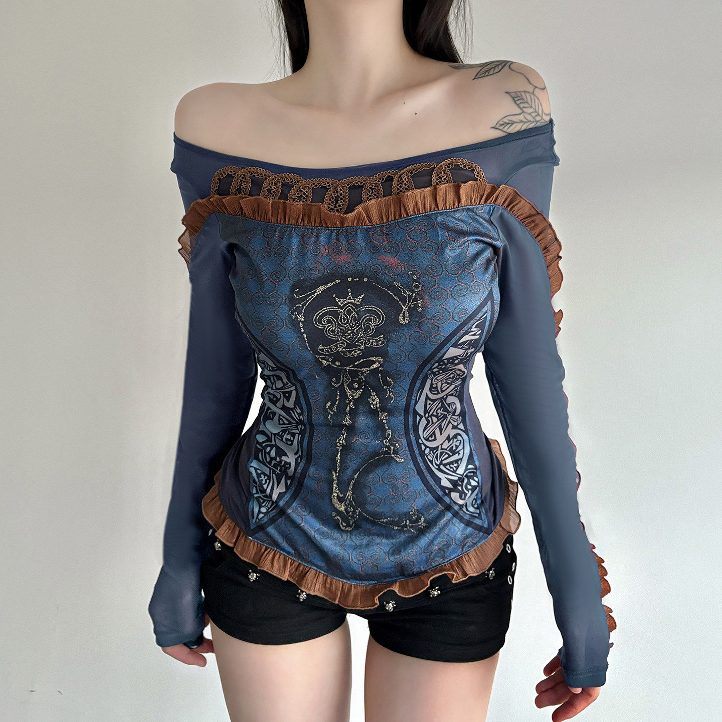 ROCKMORE【古着艺术】复古印花拼接蓝色网纱上衣特色露肩长袖T恤,女装/女士精品,T恤,淘宝优惠券,粉丝福利购,淘宝优惠卷