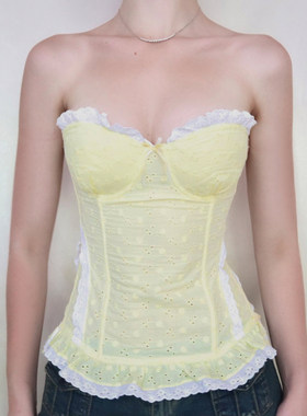 ROCKMORE【柠檬汽水】浅黄色木耳边拼接提花料抹胸甜美胸型背心夏