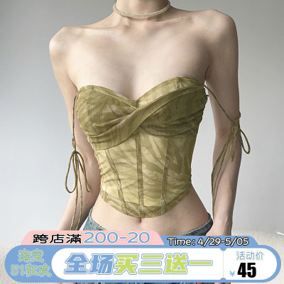 性感波纹双层网纱印花抹胸吊带