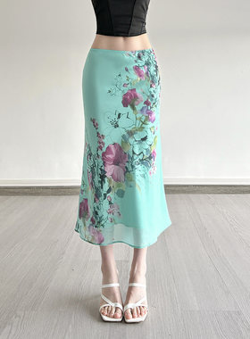 ROCKMORE【薄荷曼波】古着感绿色印花修身半裙清冷古韵雪纺中长裙