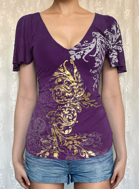 ROCKMORE【古早辣妹】紫色植系印花V领短袖T恤vintage复古上衣潮