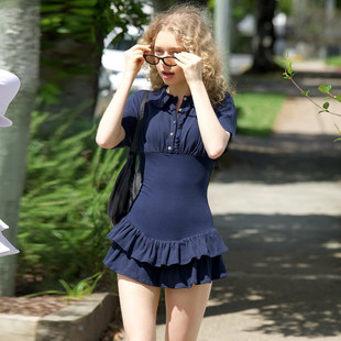 复古蓝色POLO领排扣半开襟连衣裙多层蛋糕裙 学院 ROCKMORE 美式