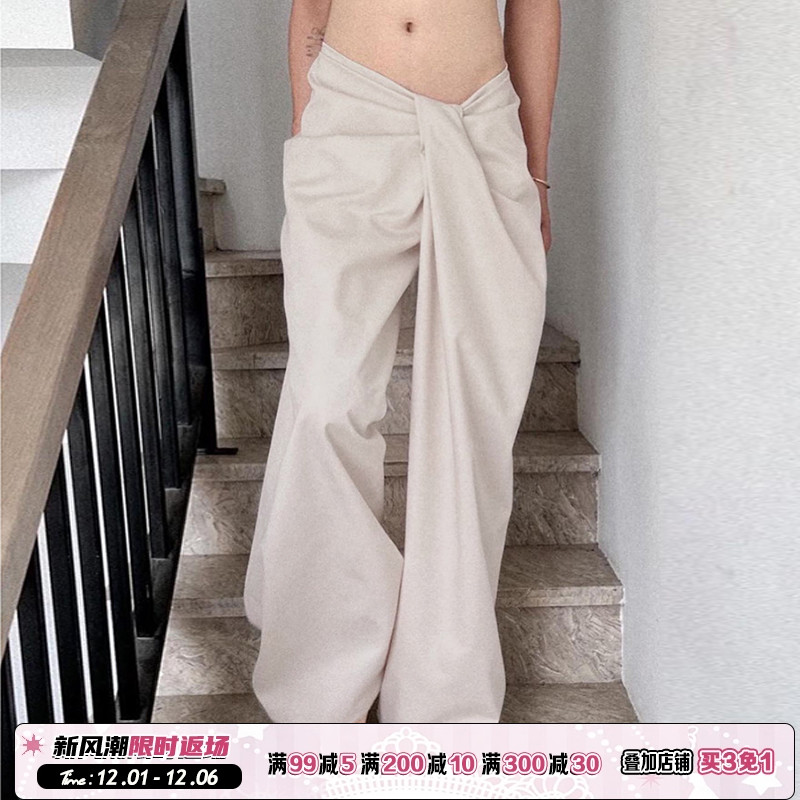 低腰简约设计感长裤不规则褶皱