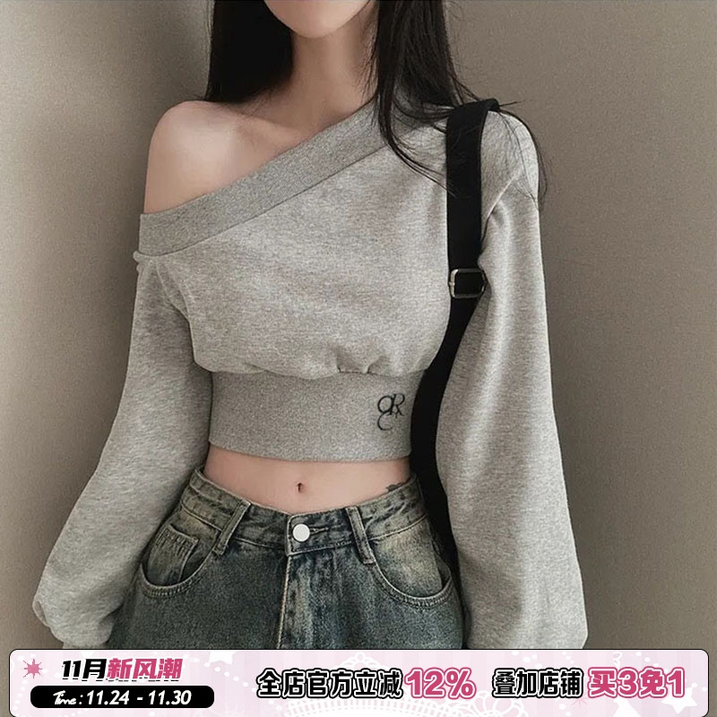 秋季小众不规则斜肩露肩收腰卫衣