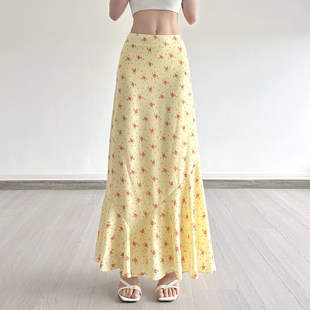 黄色小碎花梭织度假风半裙夏季 田园 甜美中长裙女 法式 ROCKMORE
