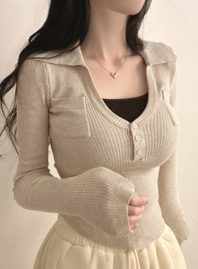 ROCKMORE【韩女气质】假两件撞色翻领口袋针织上衣修身显胸打底衫