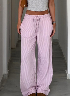 ROCKMORE【法式慵懒】粉色抽绳系带条纹休闲裤 气质百搭直筒长裤