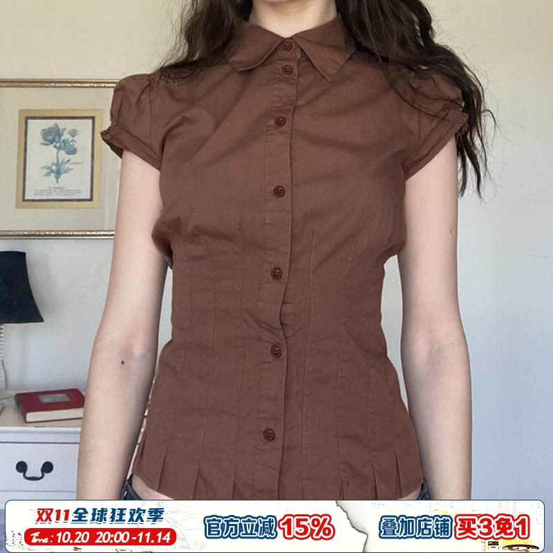 复古棕色翻领纽扣收腰衬衫
