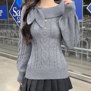 ROCKMORE 灰色兔耳结翻领秋冬毛衣设计感小众针织上衣 趣味古早