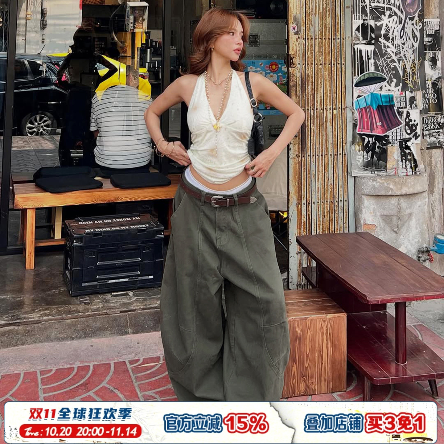 军绿色复古阔腿垂感工装弯刀裤女