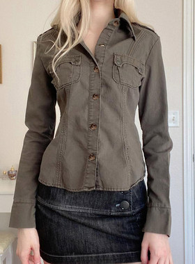 ROCKMORE【美式酷帅】军绿色口袋工装风衬衫女中性风休闲长袖上衣