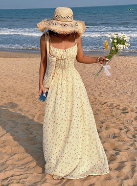 ROCKMORE【法式辣妹】度假风碎花黄色吊带长裙显瘦百搭高腰连衣裙