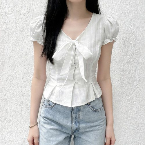 法式泡泡短袖白色衬衫白色