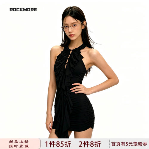 性感纯欲黑色挂脖连衣裙