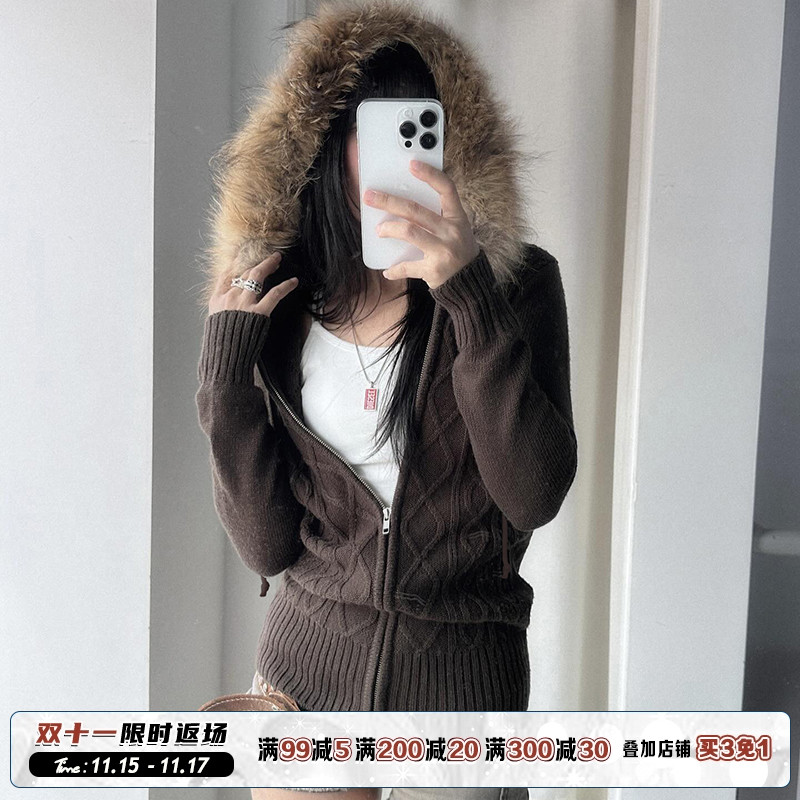 ROCKMORE【基础百搭】棕色毛领连帽麻花长袖外套修身拉链针织毛衫