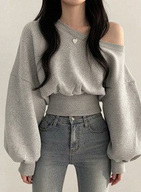 ROCKMORE【韩系穿搭】灰色露肩上衣灯笼袖收腰卫衣显瘦休闲上衣潮