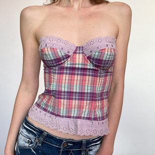 ROCKMORE 蕾丝提花格纹撞色拼接抹胸胸型性感辣妹上衣 彩色乐章