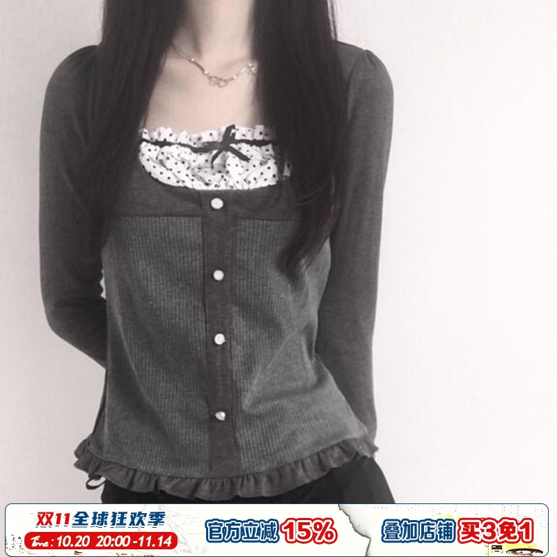 日系法式波点拼接假两件长袖T恤