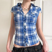 美式 修身 vibe 衬衫 翻领低胸休闲上衣 辣妹蓝色格纹短袖 ROCKMORE
