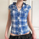 修身 ROCKMORE 翻领低胸休闲上衣 辣妹蓝色格纹短袖 衬衫 美式 vibe