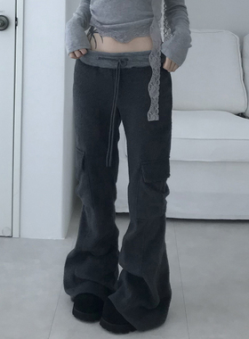 ROCKMORE【韩系古早】腰头拼接口袋元素工装裤女灰色松紧腰休闲裤