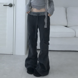韩系古早 女灰色松紧腰休闲裤 腰头拼接口袋元 裤 素工装 ROCKMORE