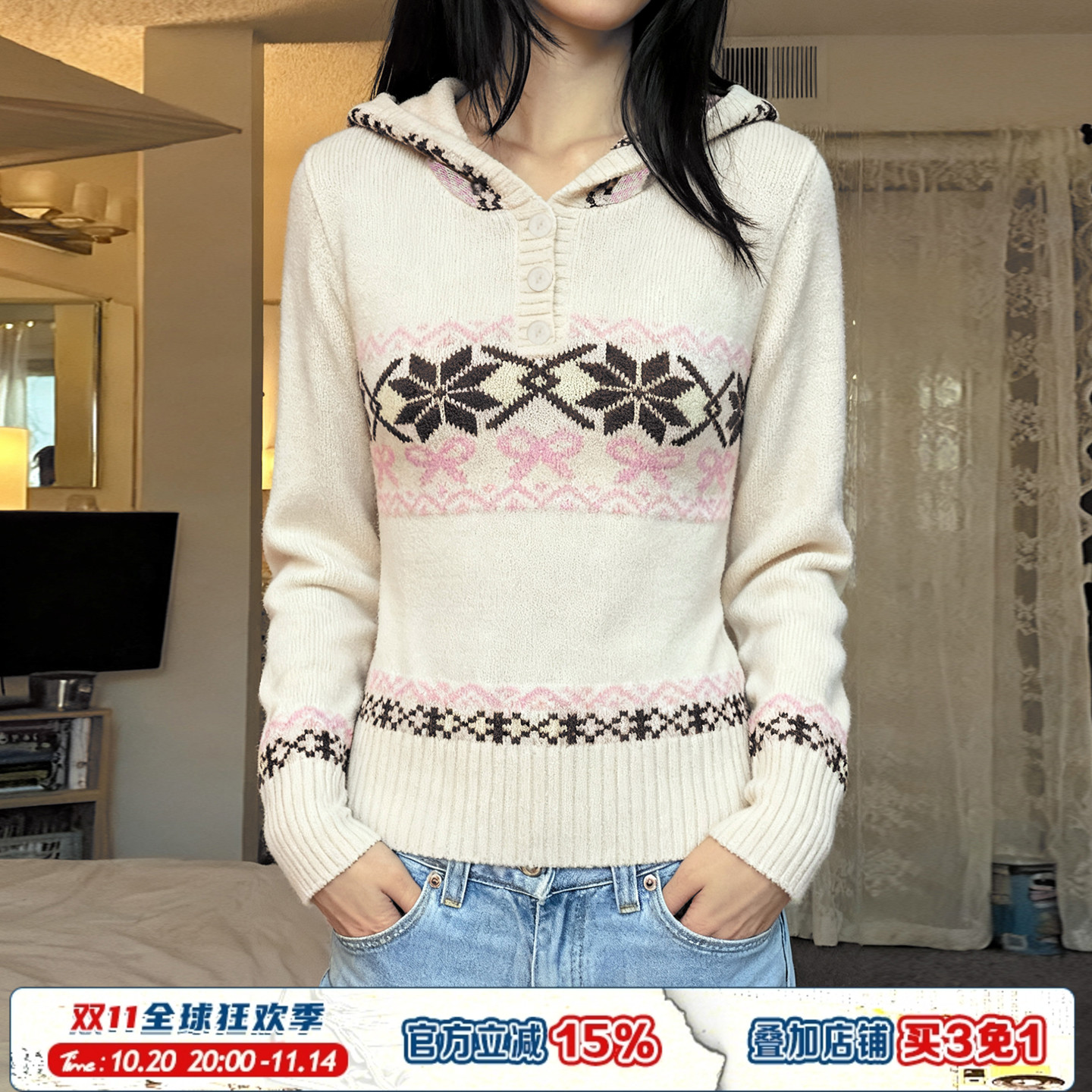 复古蝴蝶结印花连帽毛衣女