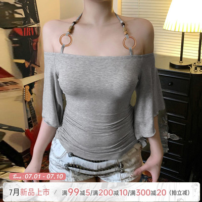 灰色串珠挂脖一字肩蝙蝠袖T恤夏