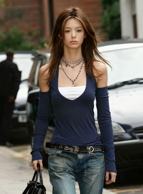 ROCKMORE【时髦街拍】辣妹风假两件露肩长袖T恤 蓝色拼接设计上衣